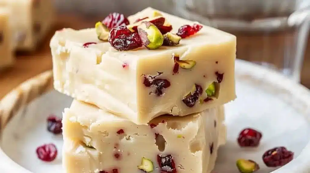 Delicious white chocolate cranberry pistachio fudge squares on a plate