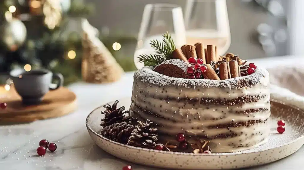 Woodland Christmas Yule Log decorated with festive elements and winter foliage.