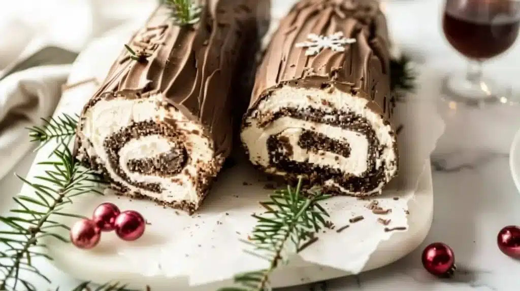 Festively decorated Yule Log cake ready for holiday celebrations