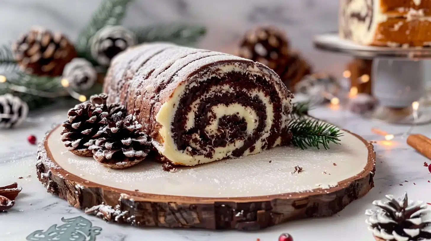 Delicious Yule Log Cake decorated with festive toppings for holiday celebrations.