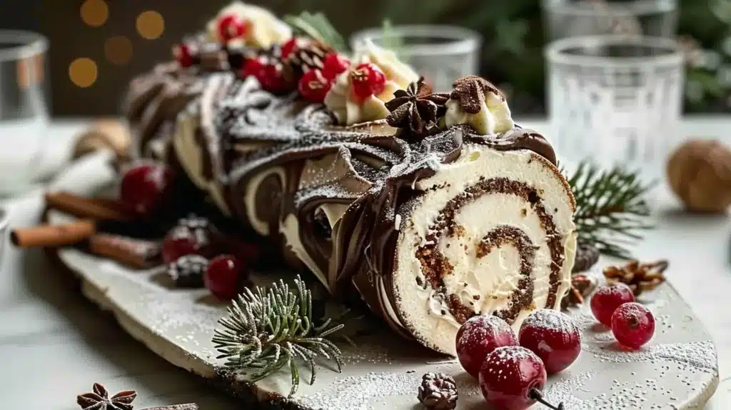 Beautifully decorated Yule Log Cake for holiday celebrations