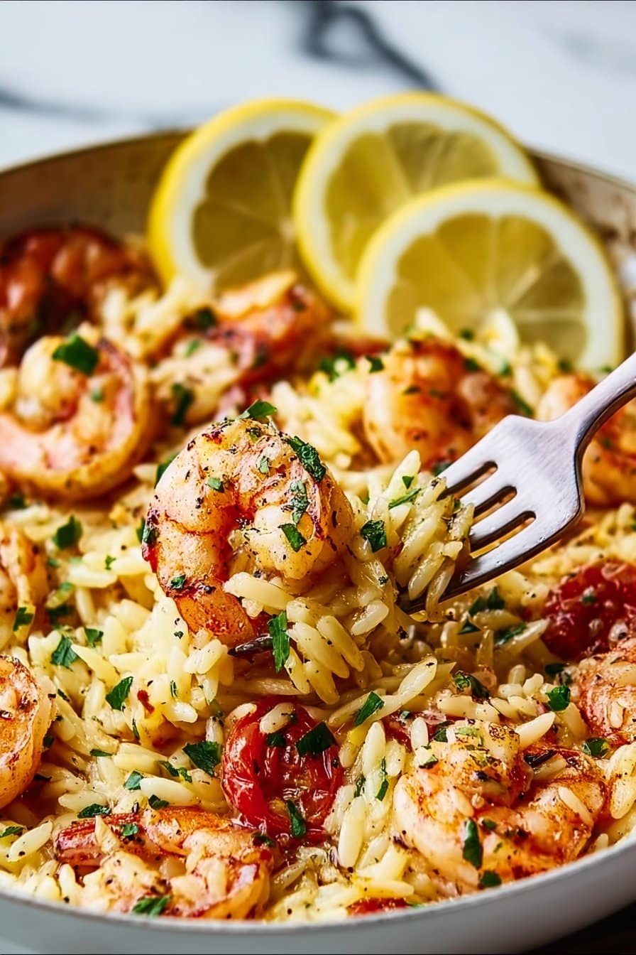 Lemon Shrimp Orzo Skillet