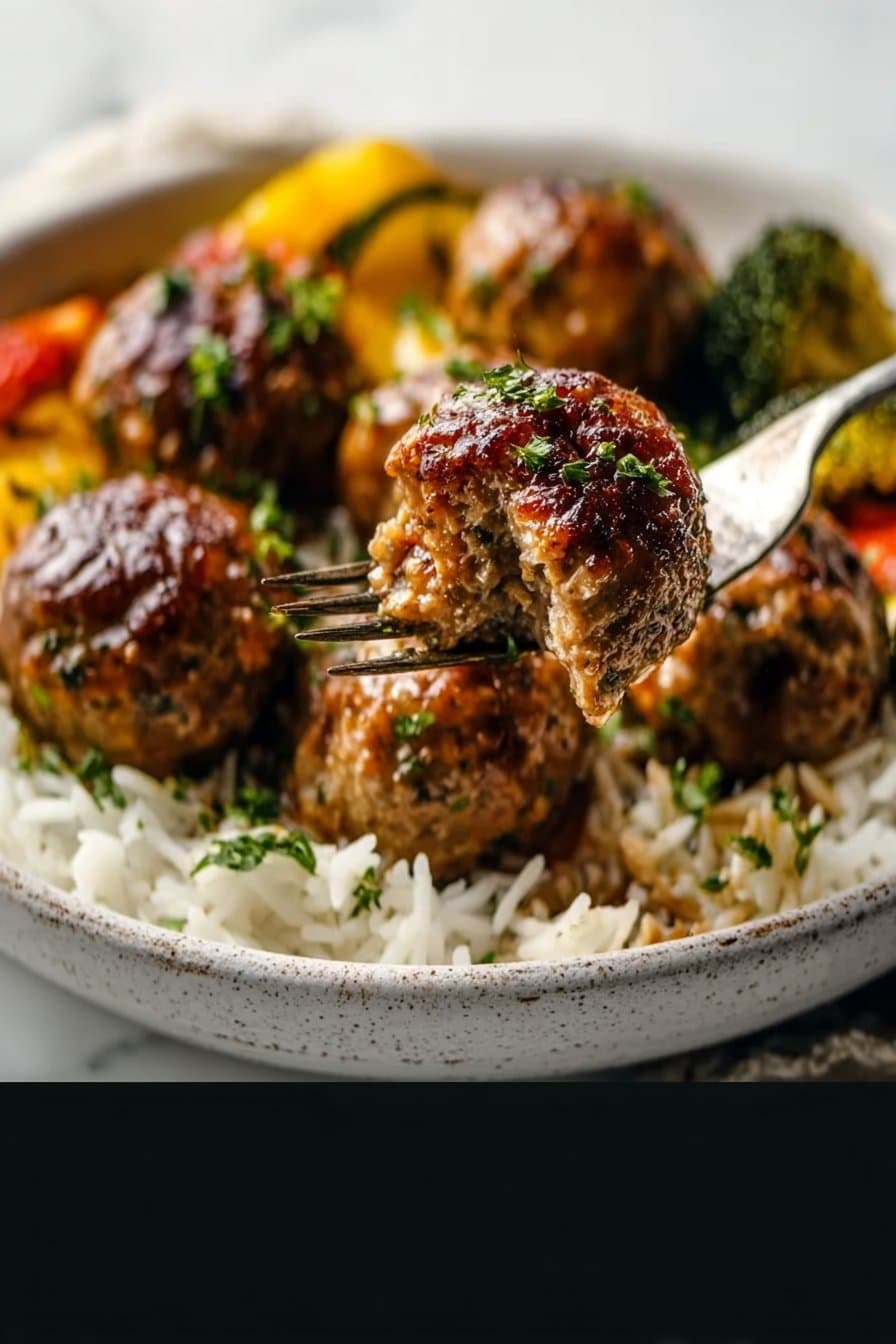 Herb Meatballs with Roasted Vegetables and Rice