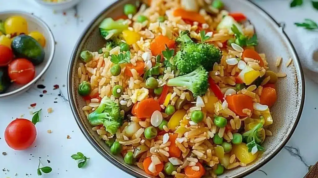 Delicious vegetarian dinner featuring colorful vegetables and grains
