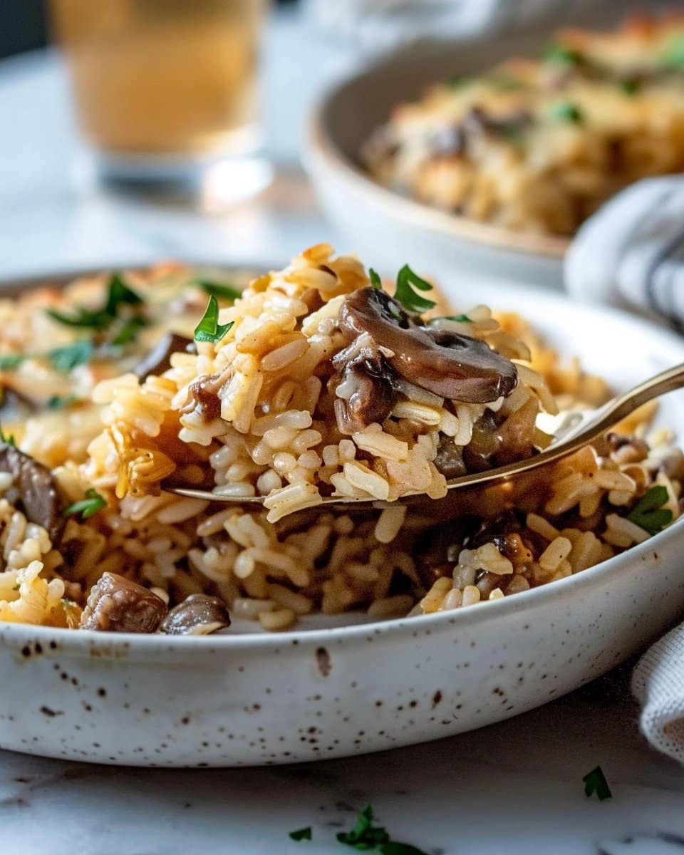 Creamy Garlic Mushroom Hamburger Rice Bake