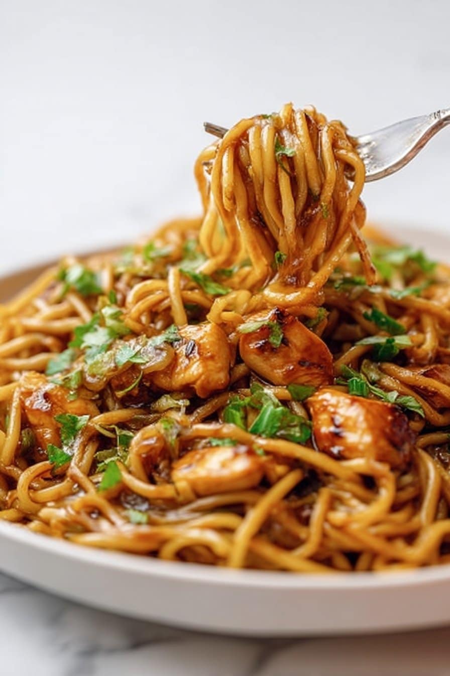 Crockpot Sticky Garlic Chicken Noodles