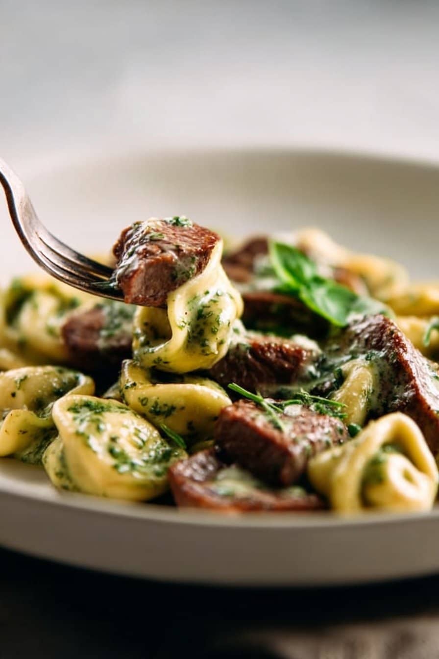 Garlic Steak Tortellini with Pesto Cream