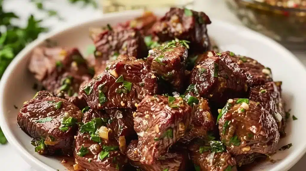 Crispy air fryer garlic butter steak bites served on a plate with herbs