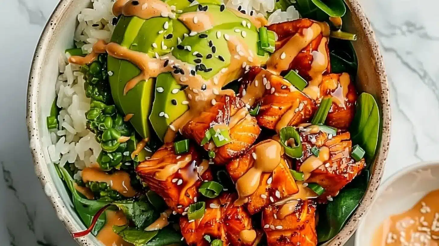 Air Fryer Salmon Bowl with Spicy Mayo served in a colorful bowl