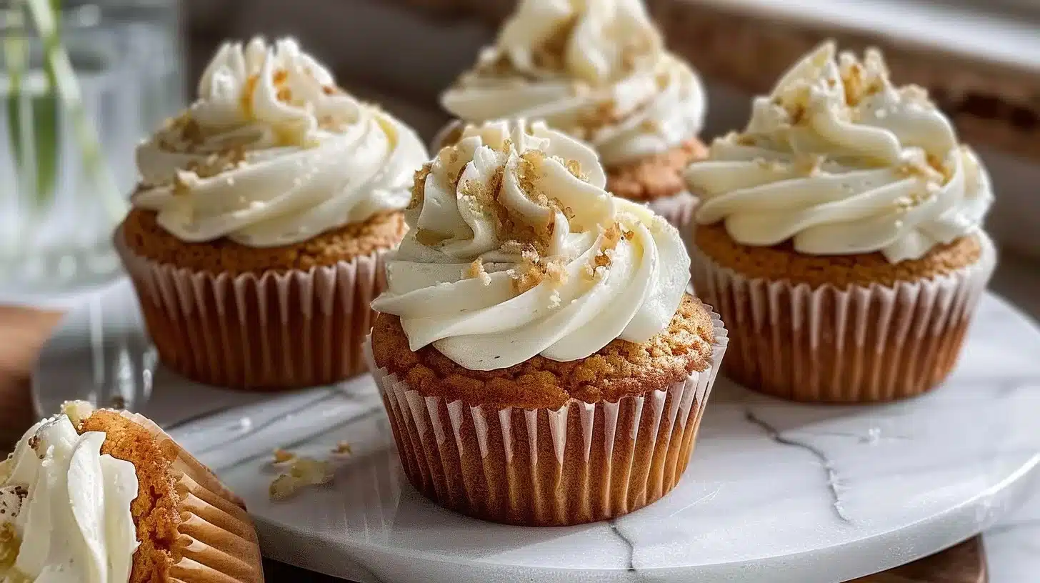 Delicious apple filled cupcakes topped with creamy frosting