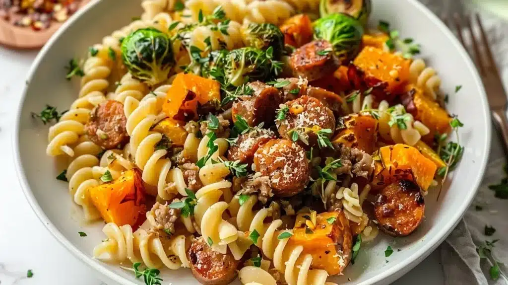 Autumn pasta with butternut squash, Brussels sprouts, and Italian sausage.