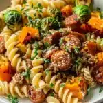 Autumn pasta with butternut squash, Brussels sprouts, and Italian sausage.