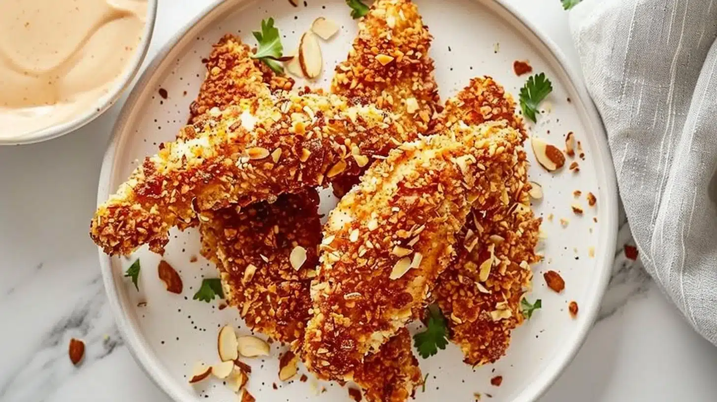Baked almond-crusted chicken tenders on a plate garnished with herbs