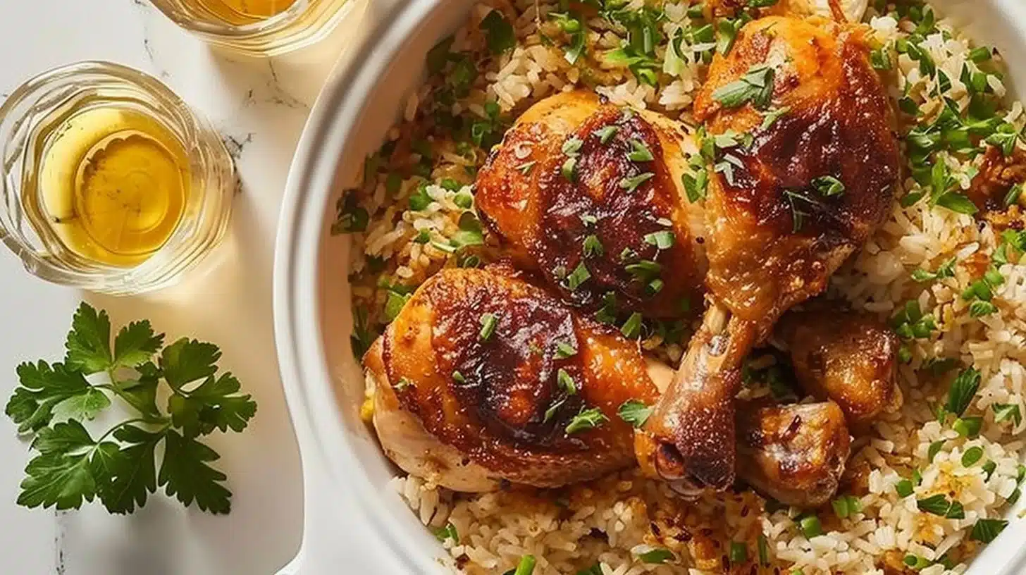 Delicious baked chicken rice served on a plate with vegetables