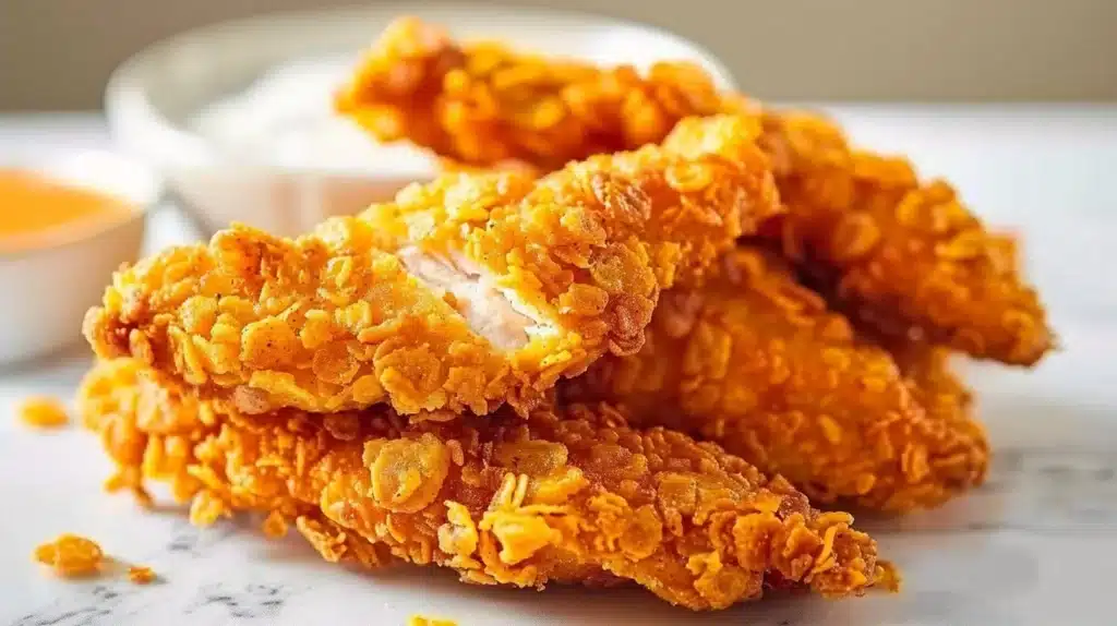 Baked Cornflake Chicken Tenders served with dipping sauce on a plate.