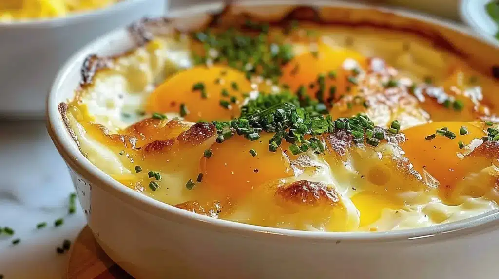 Baked cottage cheese eggs in a dish, ready to serve with herbs and seasoning