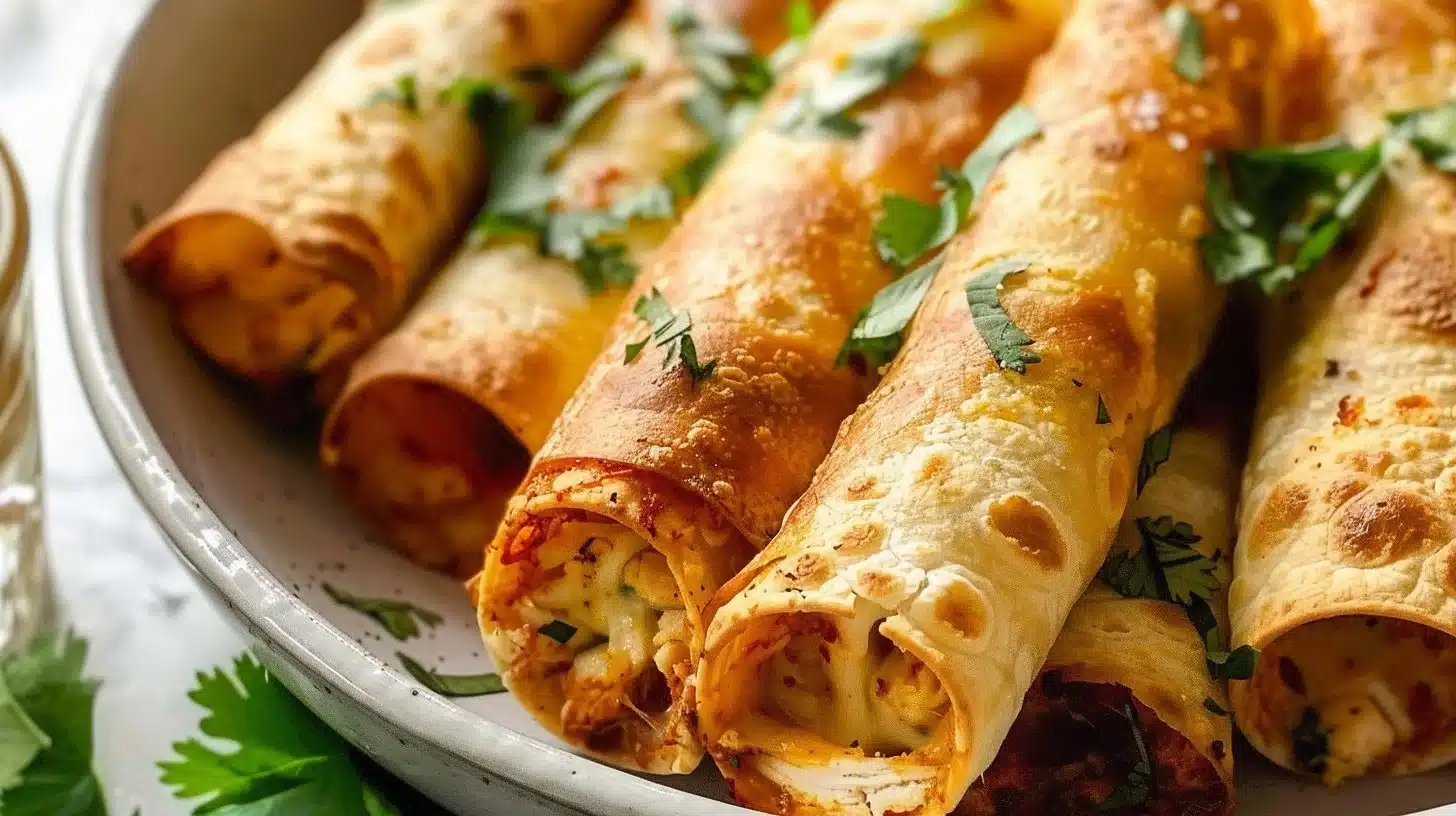 Baked cream cheese chicken taquitos served with salsa and guacamole
