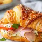 Baked croissant sandwich filled with savory ingredients and fresh greens