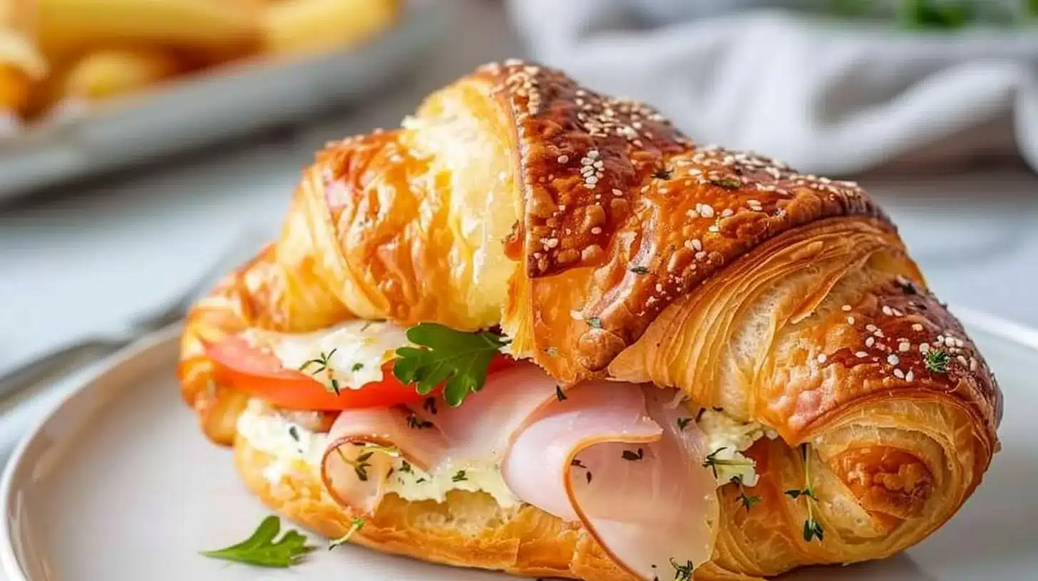 Baked croissant sandwich filled with savory ingredients and fresh greens