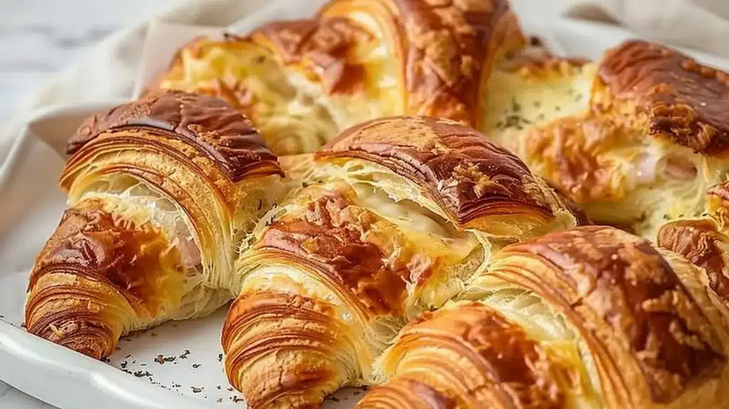 Freshly baked croissant sandwich with savory fillings and flaky layers