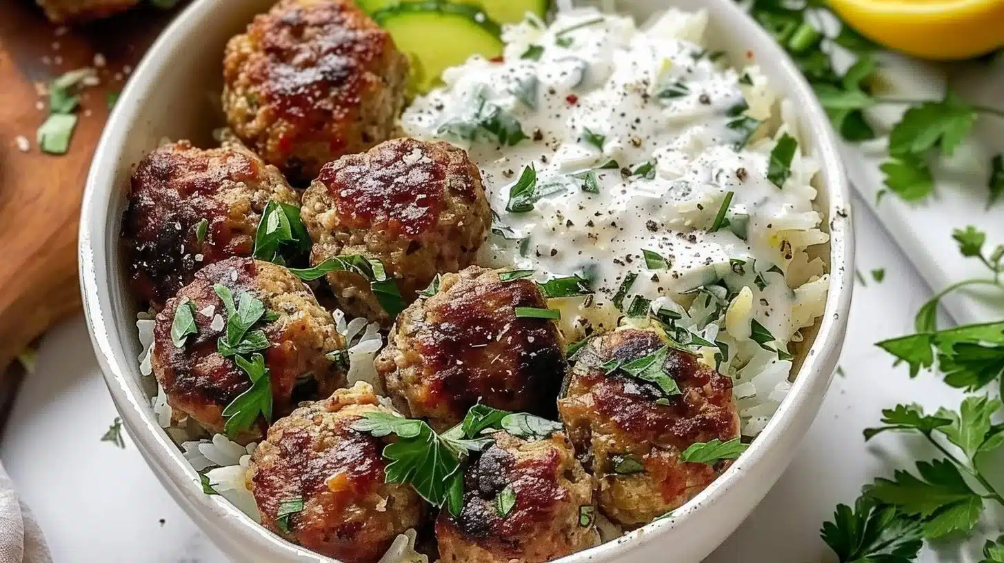 Baked Greek meatballs served in a rice bowl with fresh ingredients.