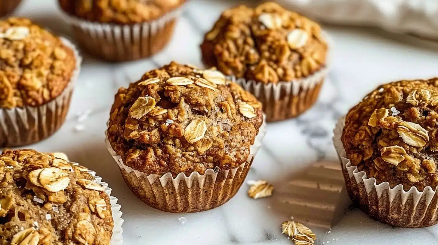 Baked oatmeal protein muffins fresh out of the oven, healthy breakfast option.
