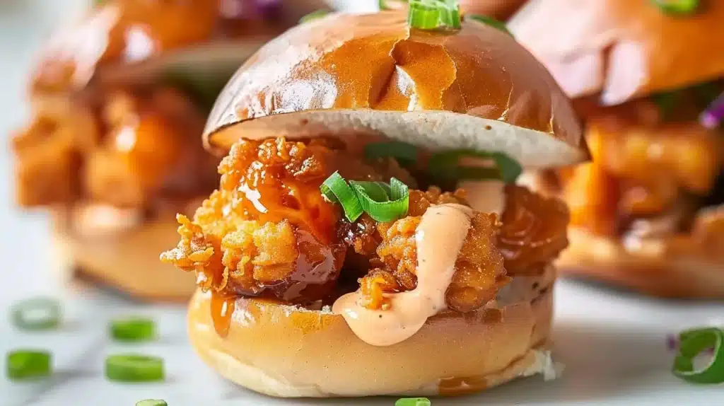 Bang Bang Chicken Sliders topped with slaw on a plate ready to serve.