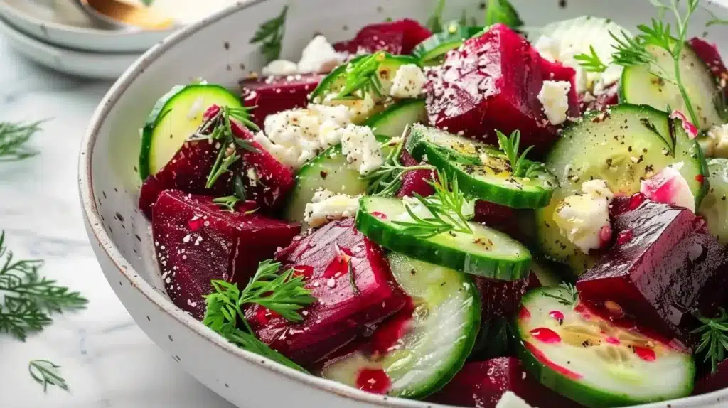 Colorful Beet and Cucumber Salad garnished with herbs and served in a bowl.