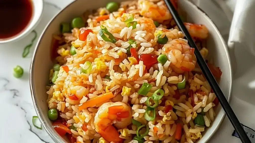 A delicious plate of best fried rice with colorful vegetables and succulent protein.