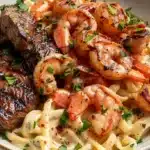 Delicious Blackened Steak and Shrimp Alfredo served with a creamy sauce