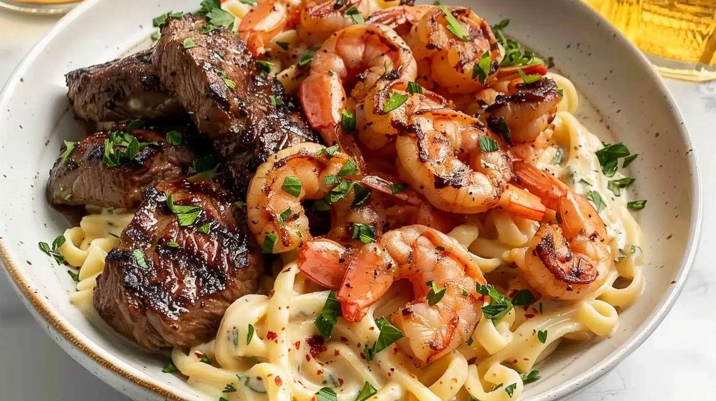 Delicious Blackened Steak and Shrimp Alfredo served with a creamy sauce