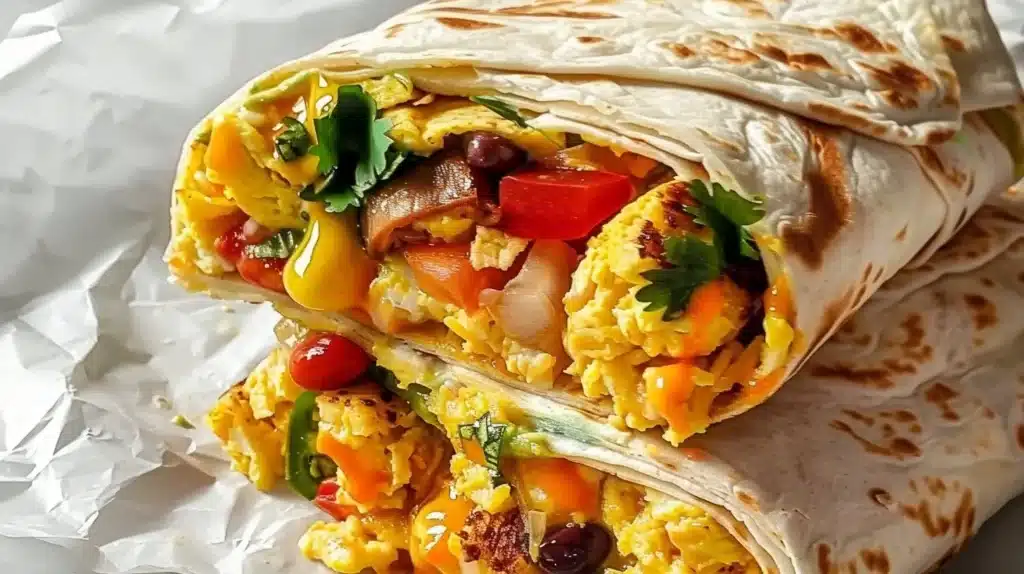 Delicious breakfast burritos with eggs, cheese, and toppings ready to enjoy.