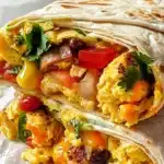Delicious breakfast burritos with eggs, cheese, and toppings ready to enjoy.