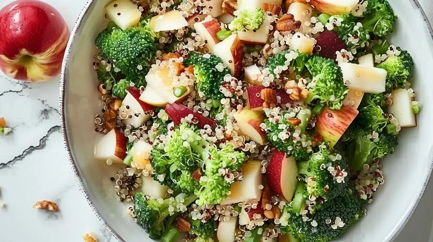 Delicious Broccoli Apple Quinoa Salad with fresh ingredients.