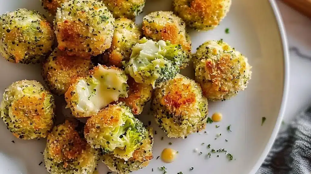 Crispy broccoli cheese balls served on a plate, garnished with fresh herbs.