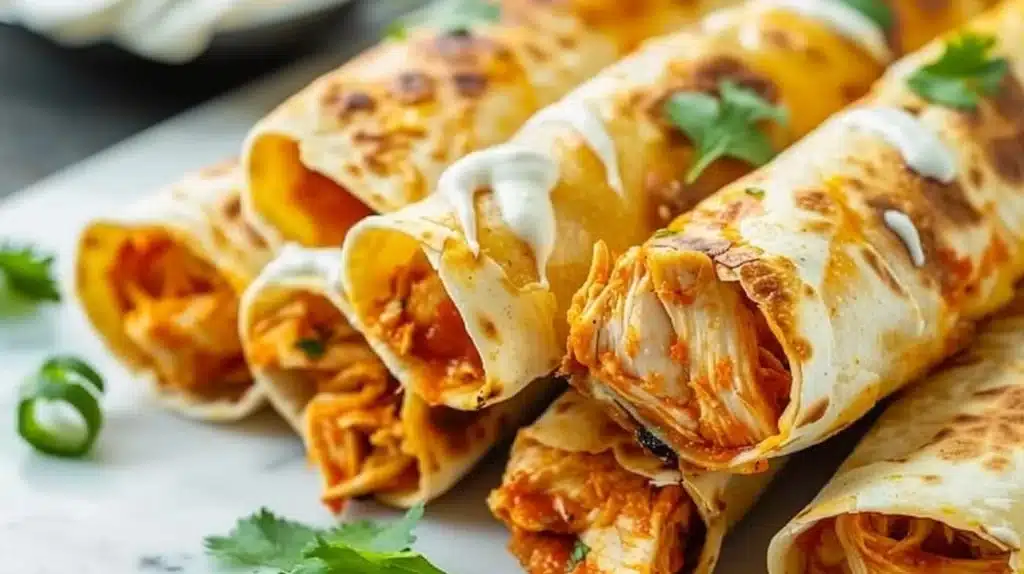 Delicious Buffalo Chicken Taquitos served with dipping sauce