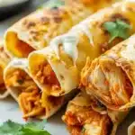 Delicious Buffalo Chicken Taquitos served with dipping sauce