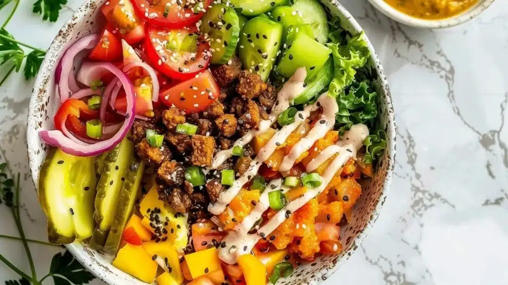 Delicious Burger Bowl filled with fresh ingredients and toppings.
