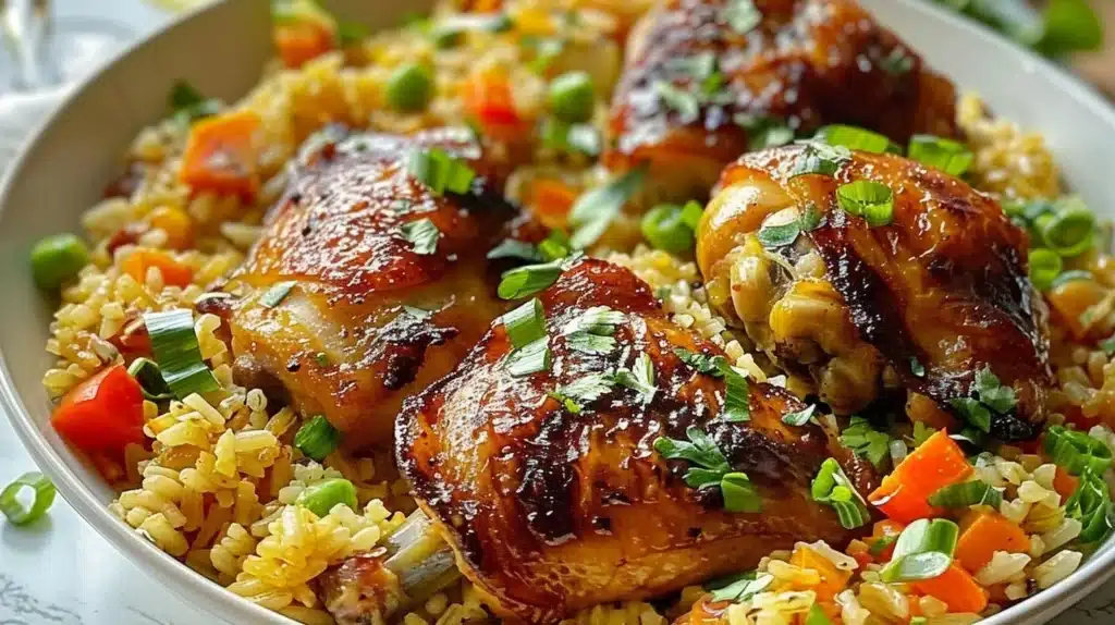Delicious plate of Caribbean Chicken served with colorful rice and herbs