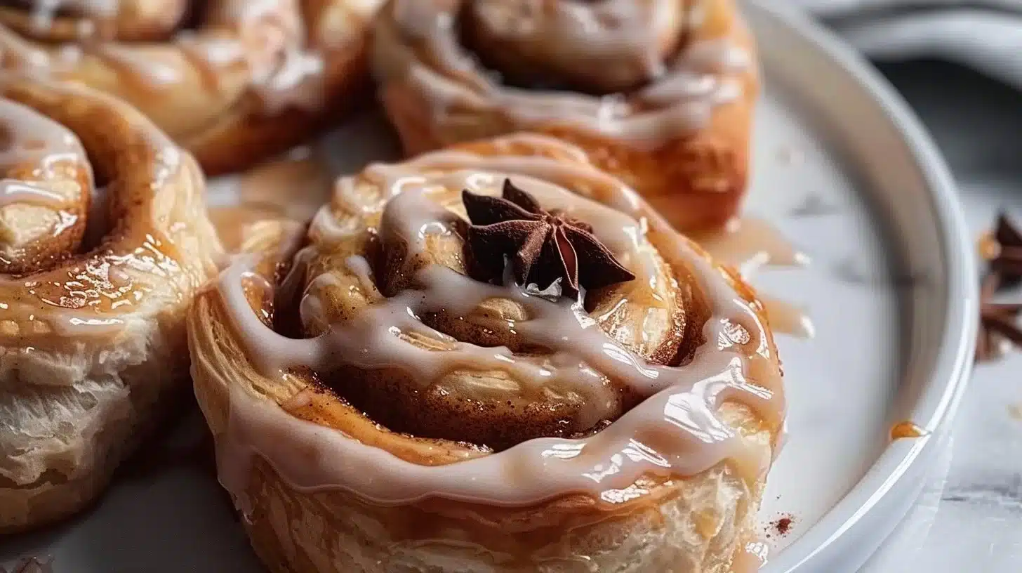 Homemade chai cinnamon rolls with spices and frosting on a wooden table