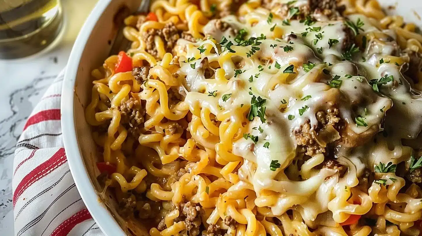 Delicious cheeseburger tetrazzini casserole topped with cheese and herbs