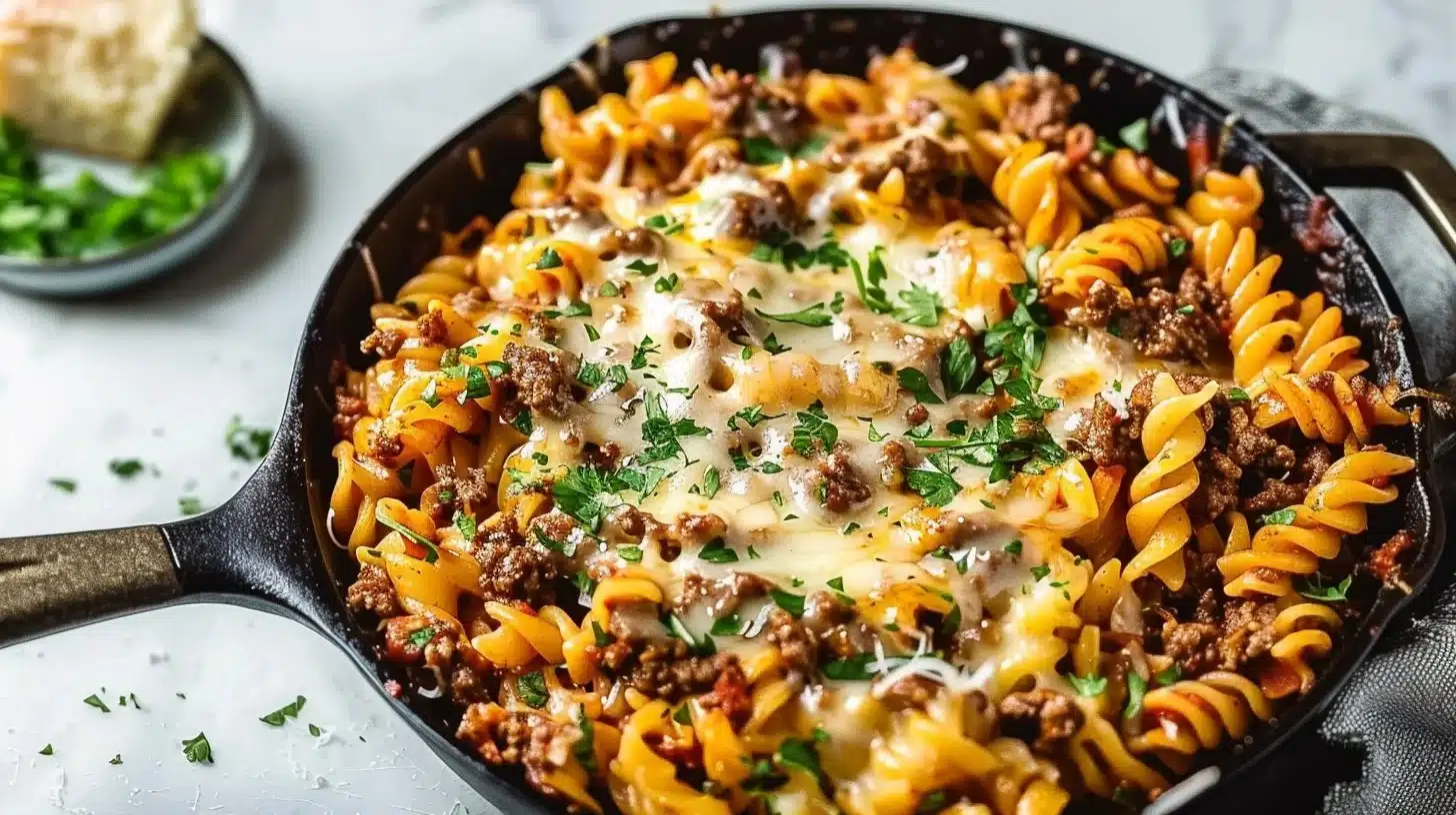 Cheesy beef pasta skillet with melted cheese and herbs in a pan
