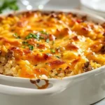 A tasty cheesy hamburger rice casserole baked in a serving dish.