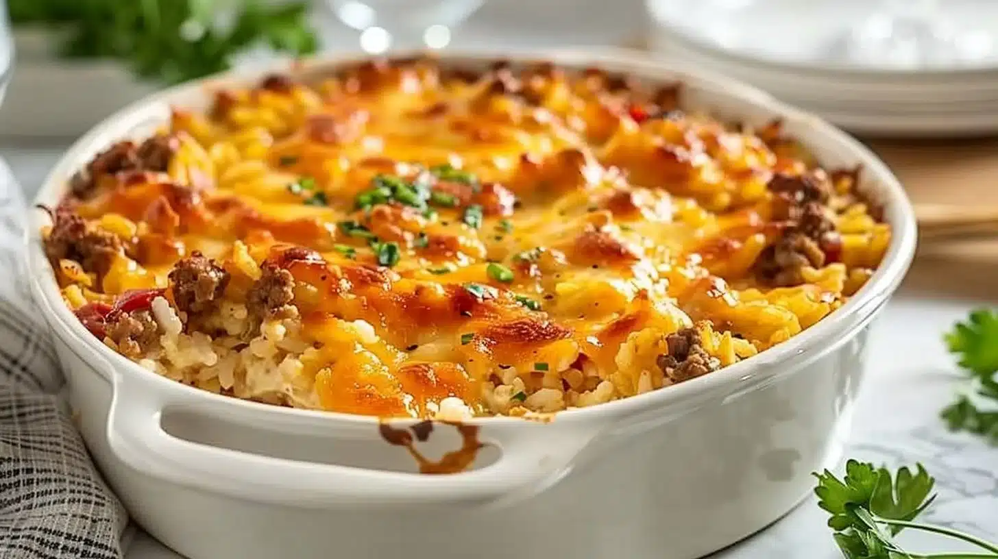 A tasty cheesy hamburger rice casserole baked in a serving dish.