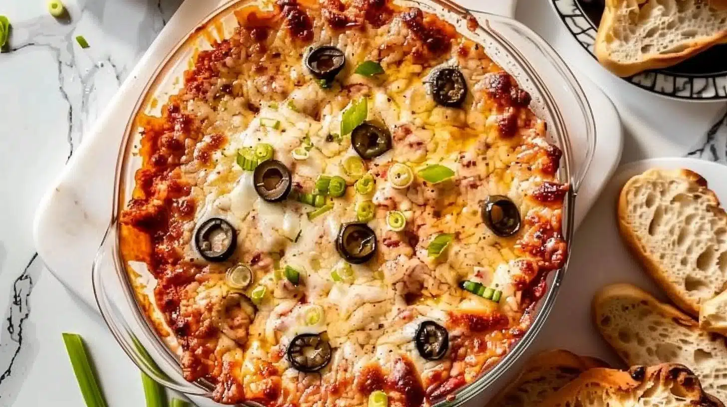 Delicious cheesy pizza dip served in a bowl with breadsticks for dipping
