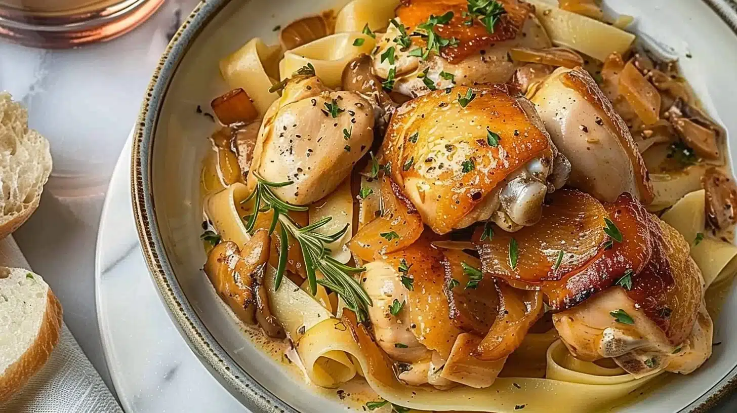 Plate of Chicken Boscaiola with mushrooms and herbs