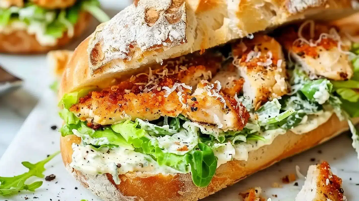 Delicious Chicken Caesar Sandwich with romaine lettuce and Caesar dressing