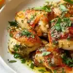 A delicious plate of Chicken Salmoriglio garnished with fresh herbs and lemon.