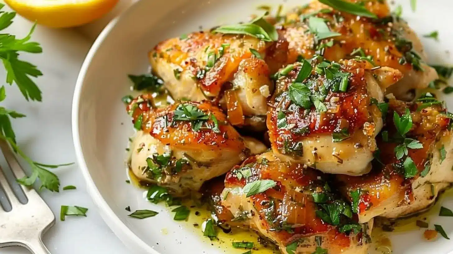 A delicious plate of Chicken Salmoriglio garnished with fresh herbs and lemon.