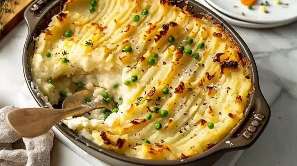 Delicious Chicken Shepherd's Pie topped with creamy mashed potatoes.